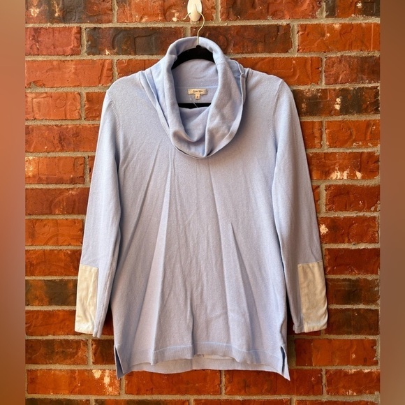 Tyler Boe Womens Small Cashmere Blend Blue Coel Neck Sweater Patch Sleeves - Picture 9 of 9